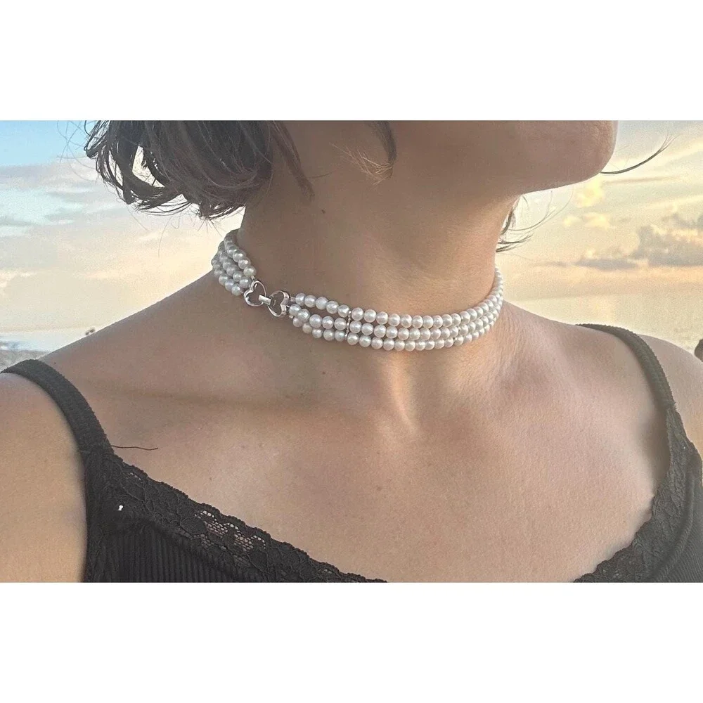 Triple-Strand Freshwater Pearl Collar, 925 sterling silver, White natural pearl